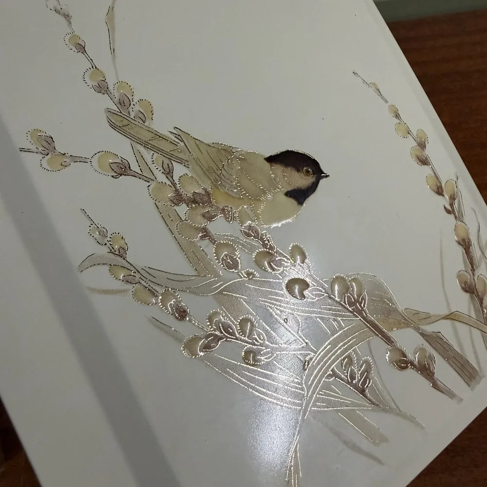 Vintage Otagiri Japan Lacquerware Bird Photo Album Book White Ivory Chickadee